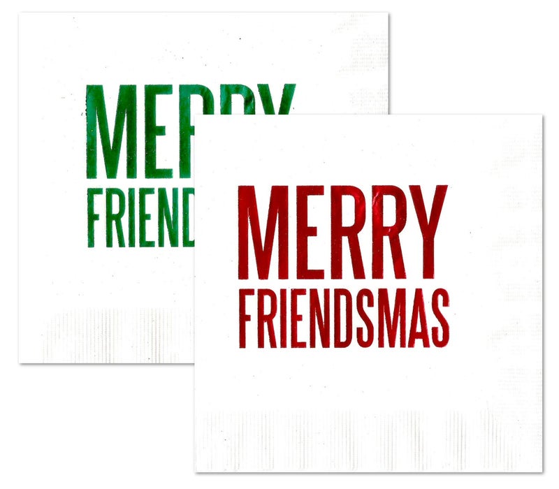 Nerdy Words Merry Friendsmas Cocktail Beverage Napkins (20 pcs) Red & Green Foil Friends Christmas Holiday Party Decorations by Nerdy Words - Image 1